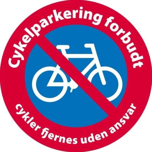 Cykelparkering forbudt cykler fjernes uden ansvar skilt