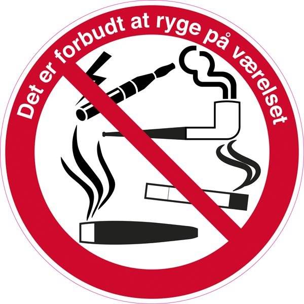 Det er forbudt at ryge på værelset. Rygeforbudsskilt Det er forbudt at ryge på værelset. Rygeforbudsskilt