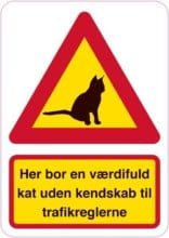 Her bor en værdifuld kat uden kendskab til trafikreglerne. Katte skilt