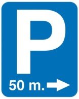 P med 50 m Pil . Parkeringsskilt