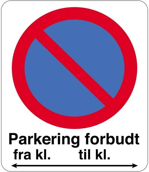 Parkering forbudt fra kl til kl. Med pil. Skilt