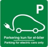 Parkering kun for el-biler Parking for electric cars only Grøn. Parkeringsskilt