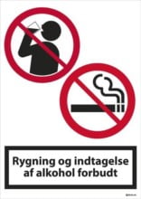 Rygning og indtagelse af alkohol forbudt. Skilt