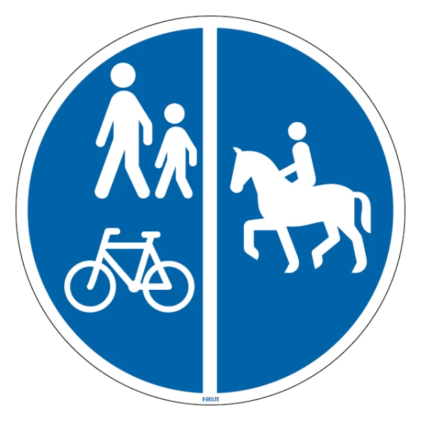 D26,4 - Delt sti for gående og cyklister til venstre og ridende til højre skilt