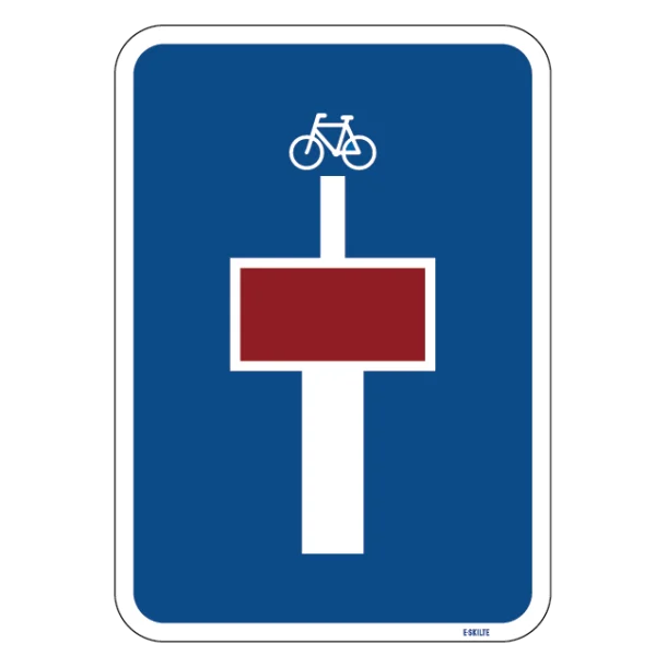 E18,1,1 - Blind vej, med angivelse af, at vejen fortsætter i en sti til cyklister skilt