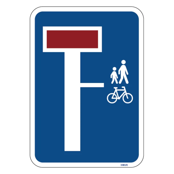 E18,1,2 - Blind vej, med angivelse af, at vejen fortsætter i en sti til cyklister mod højre skilt