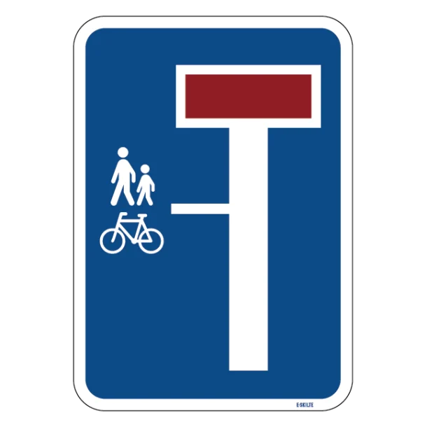 E18,1,3 - Blind vej, med angivelse af, at vejen fortsætter i en sti til cyklister mod venstre skilt