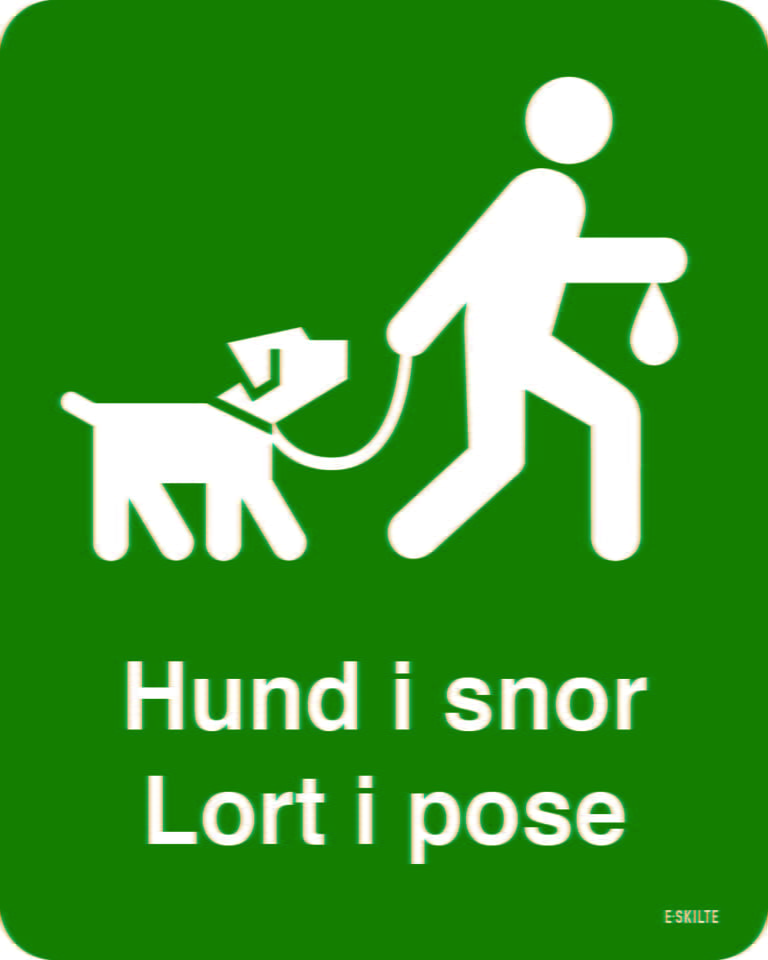 Hund i snor lort i pose grønt skilt E-skilte
