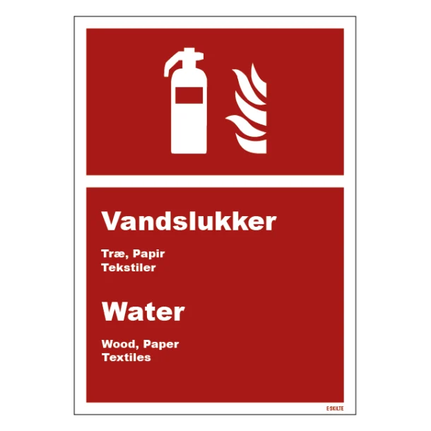 Brandslukker vand dansk engelsk skilt