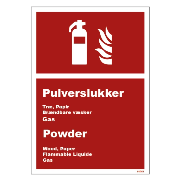 Brandslukker Pulver dansk engelsk skilt