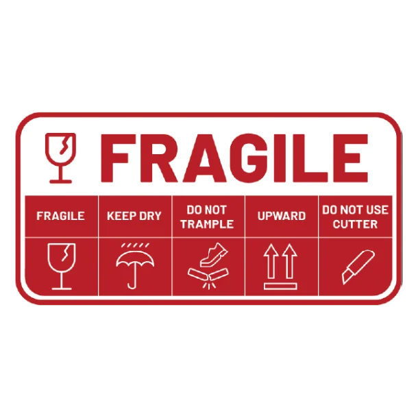 Fragile / forsigtig skilt med instruktioner på dansk