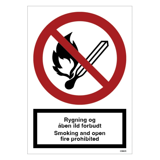 Rygning og åben ild forbudt da/eng Forbudsskilt
