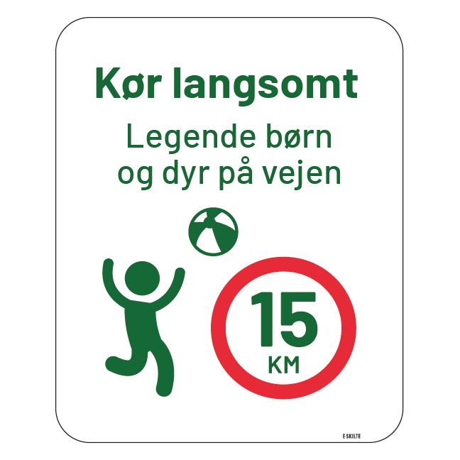 Kør langsomt legende børn og dyr på vejen 15km Skilt grønt