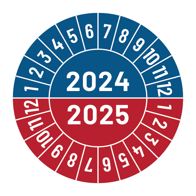Kalibreringsmærker for 2024-2025 i blå og rød, Selvklæbende, Ø30mm