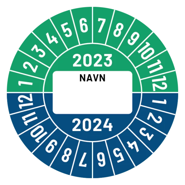 Kalibreringsmærker for 2023-2024 i grøn og blå med navn