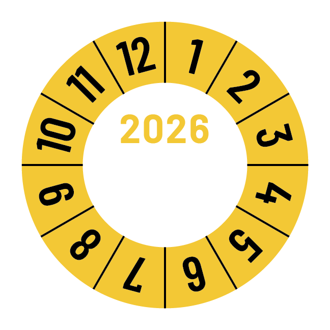 Kalibreringsmærker for 2026 i gul med logo, Selvklæbende, Ø30mm