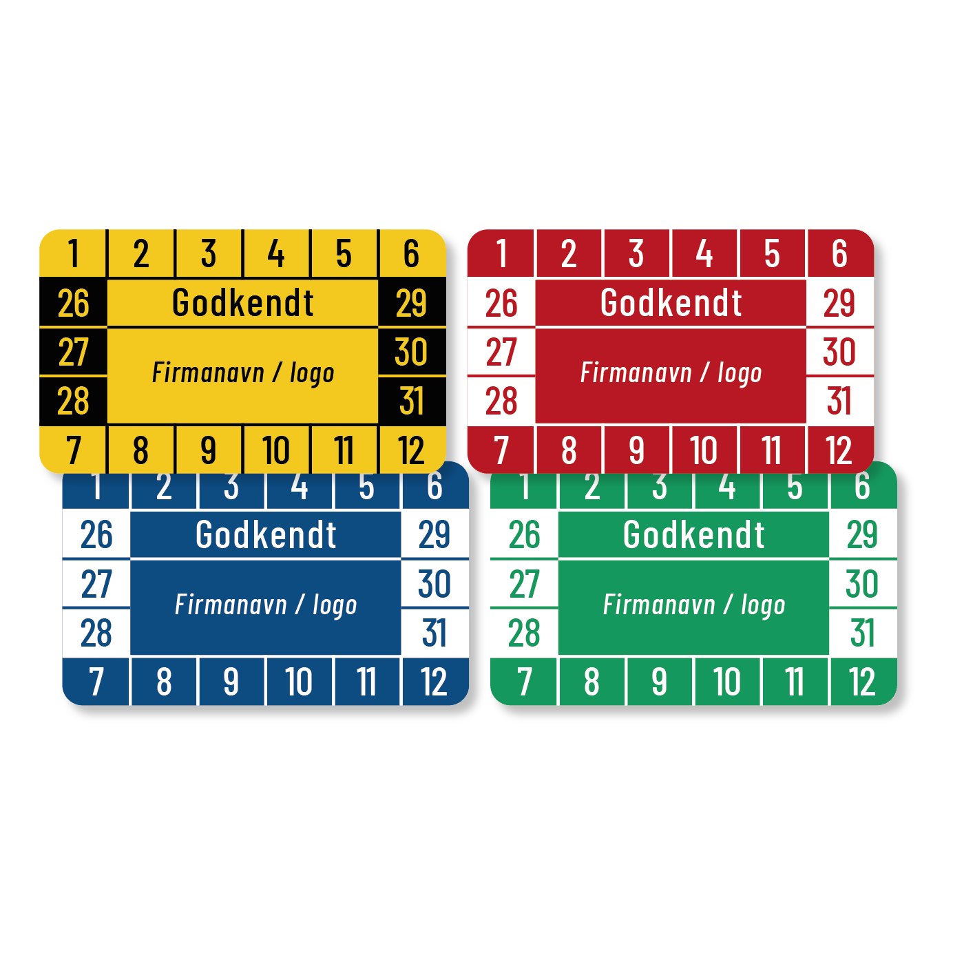 Kalibreringsmærker med 'Godkendt' i flere farver, Selvklæbende, 50x30mm