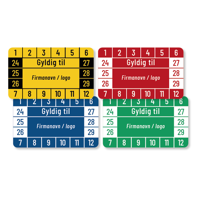 Kalibreringsmærker med 'Gyldig til' i flere farver, Selvklæbende, 50x30mm