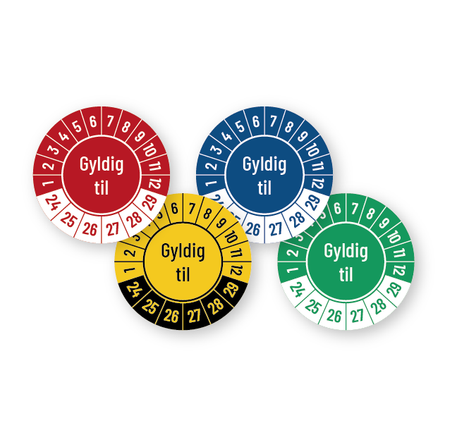 Kalibreringsmærker med 'Gyldig til' i flere farver, Selvklæbende, Ø30mm