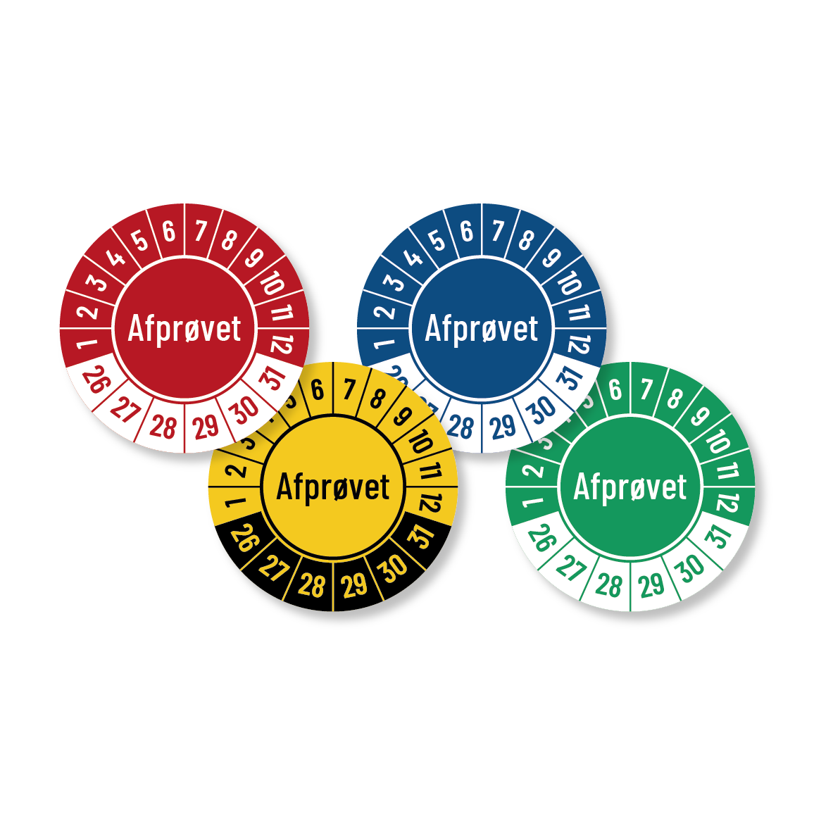 Kalibreringsmærker med 'Afprøvet' i flere farver, Selvklæbende, Ø30mm
