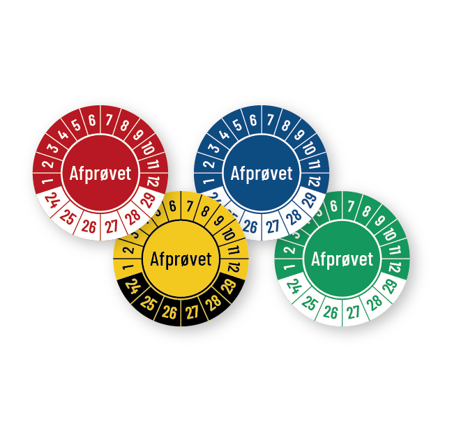 Kalibreringsmærker med 'Afprøvet' i flere farver, Selvklæbende, Ø30mm