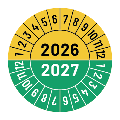 Kalibreringsmærker for 2025-2026 i rød og gul, Selvklæbende, Ø30mm