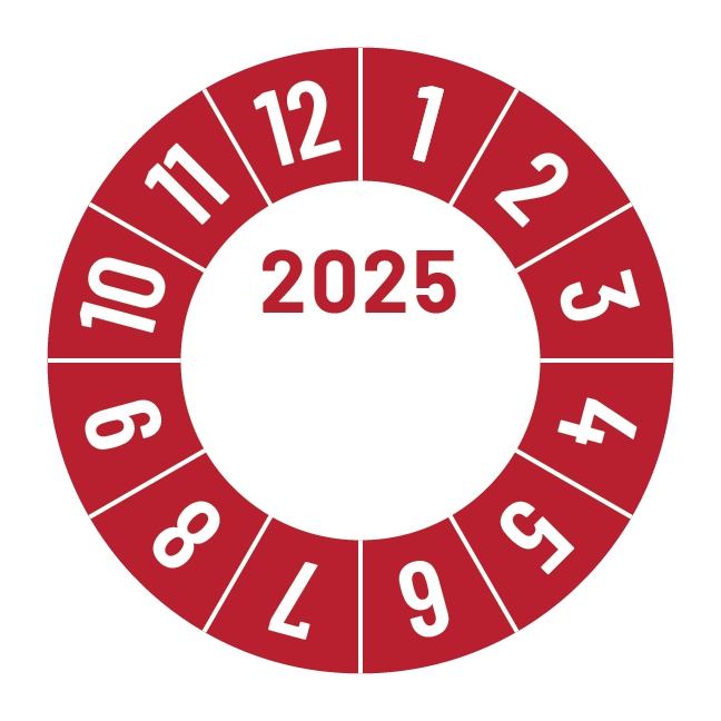 Kalibreringsmærker for 2025 i rød med logo, Selvklæbende, Ø30mm