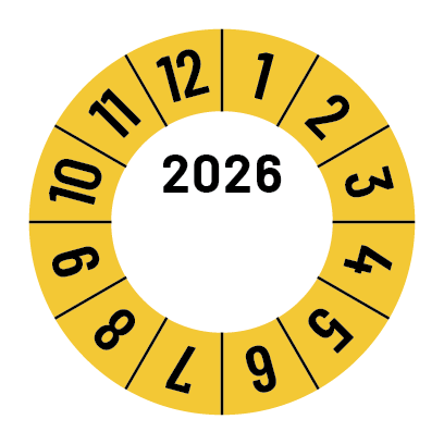 Kalibreringsmærker for 2025 i rød med logo, Selvklæbende, Ø30mm