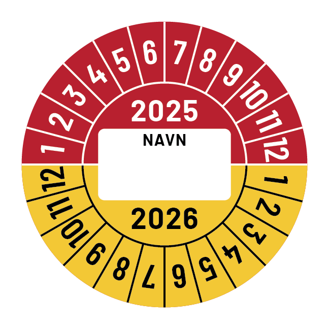 Kalibreringsmærker for 2025-2026 i rød og gul med navn, Selvklæbende, Ø30mm