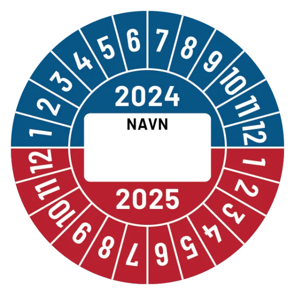 Kalibreringsmærker for 2024-2025 i blå og rød med navn