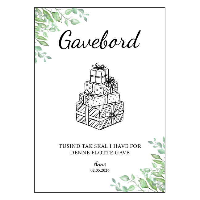 Gavebordsskilt til konfirmation med gaveillustration og blade