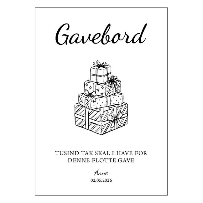 Gavebordsskilt til konfirmation med gaveillustration