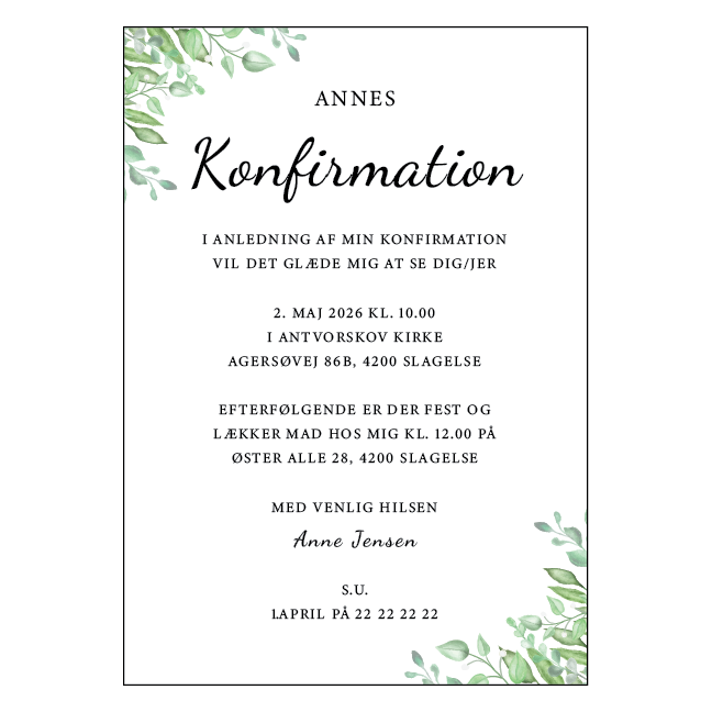 Konfirmationsinvitation med bladmotiv