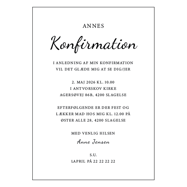 Konfirmationsinvitation med klassisk tekstdesign