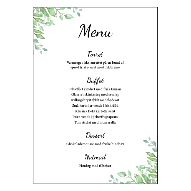 Konfirmationsmenu med blade til buffet – design 1