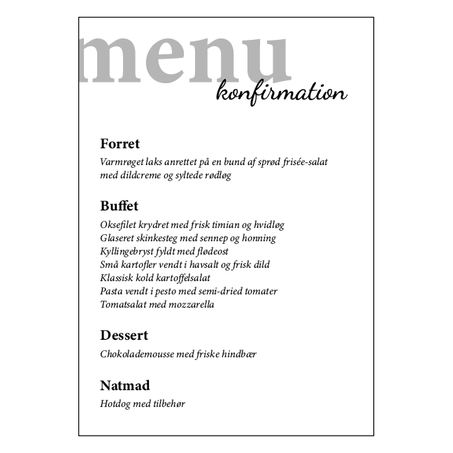 Konfirmationsmenu til buffet med konfirmationstekst – design 1