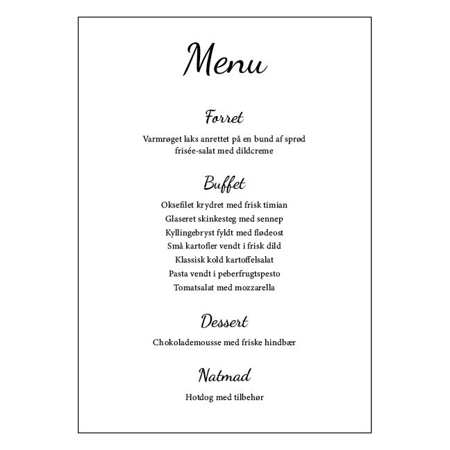 Elegant konfirmationsmenu til buffet – design 1