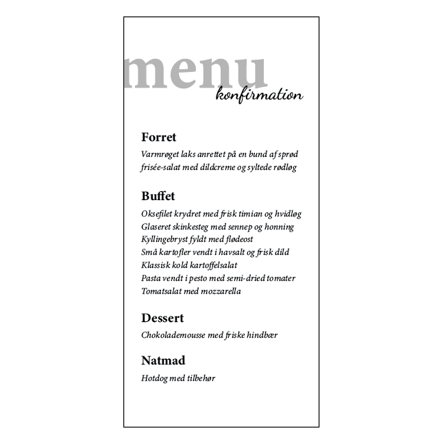 Konfirmationsmenu til buffet med konfirmationstekst – design 2