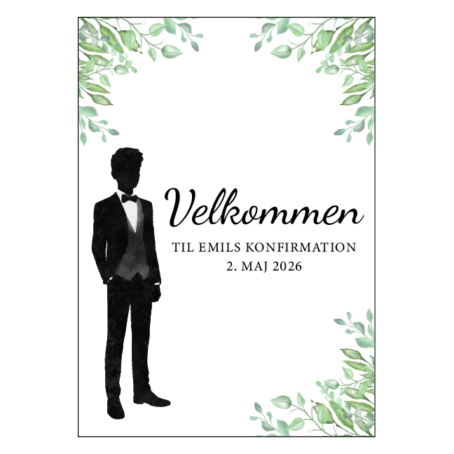 Konfirmationsskilt velkomst dreng med blade