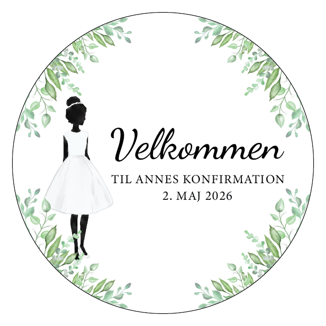 Rundt konfirmationsskilt velkomst pige med blade