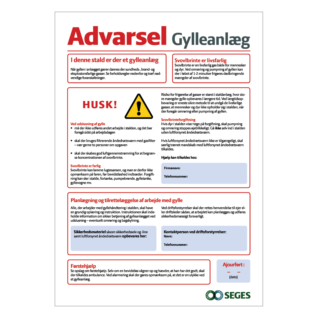 Advarselsskilt til gylleanlæg med instruktioner
