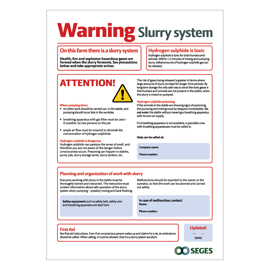 Advarselsskilt til gylleanlæg med instruktioner på engelsk