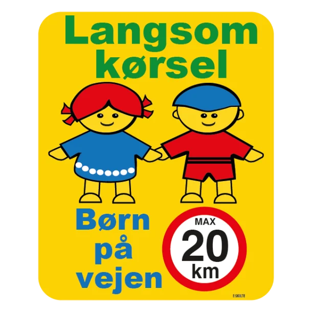 Langsom kørsel børn på vejen max20 km. Skilt