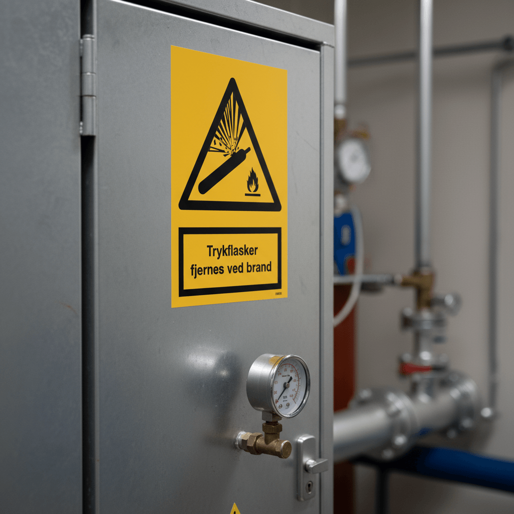 Trykflasker fjernes ved brand Advarselsskilt - Billede 2