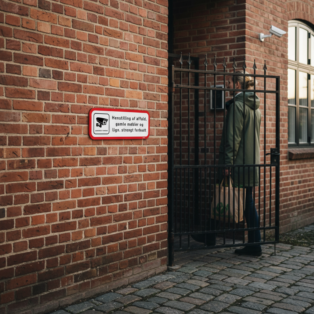 Henstilling af affald, gamle møbler og lign. strengt forbudt - Området overvåges skilt - Billede 2