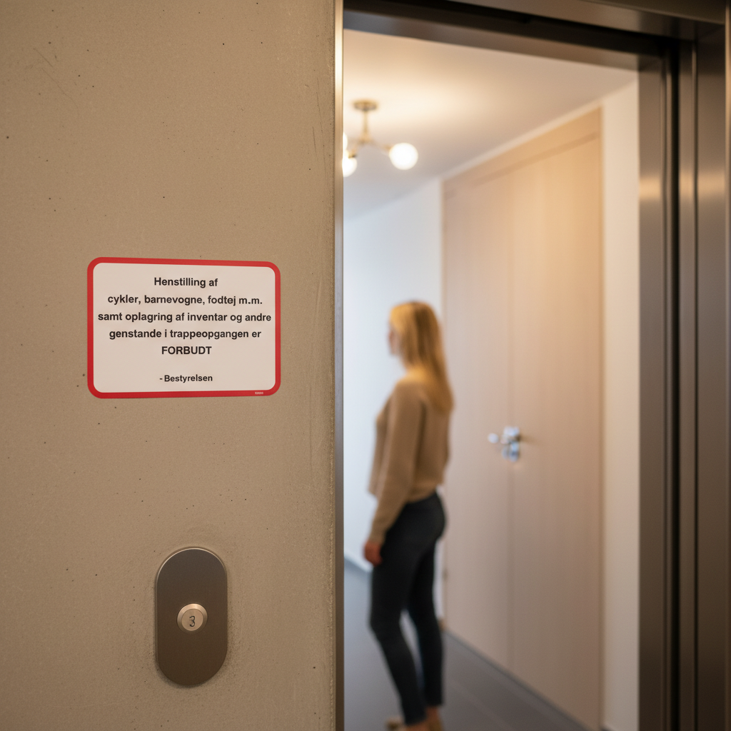 Henstilling af cykler, barnevogne, fodtøj m.m. samt oplagring af inventar og andre genstande i trappeopgangen er FORBUDT. Bestyrelsen skilt - Billede 2