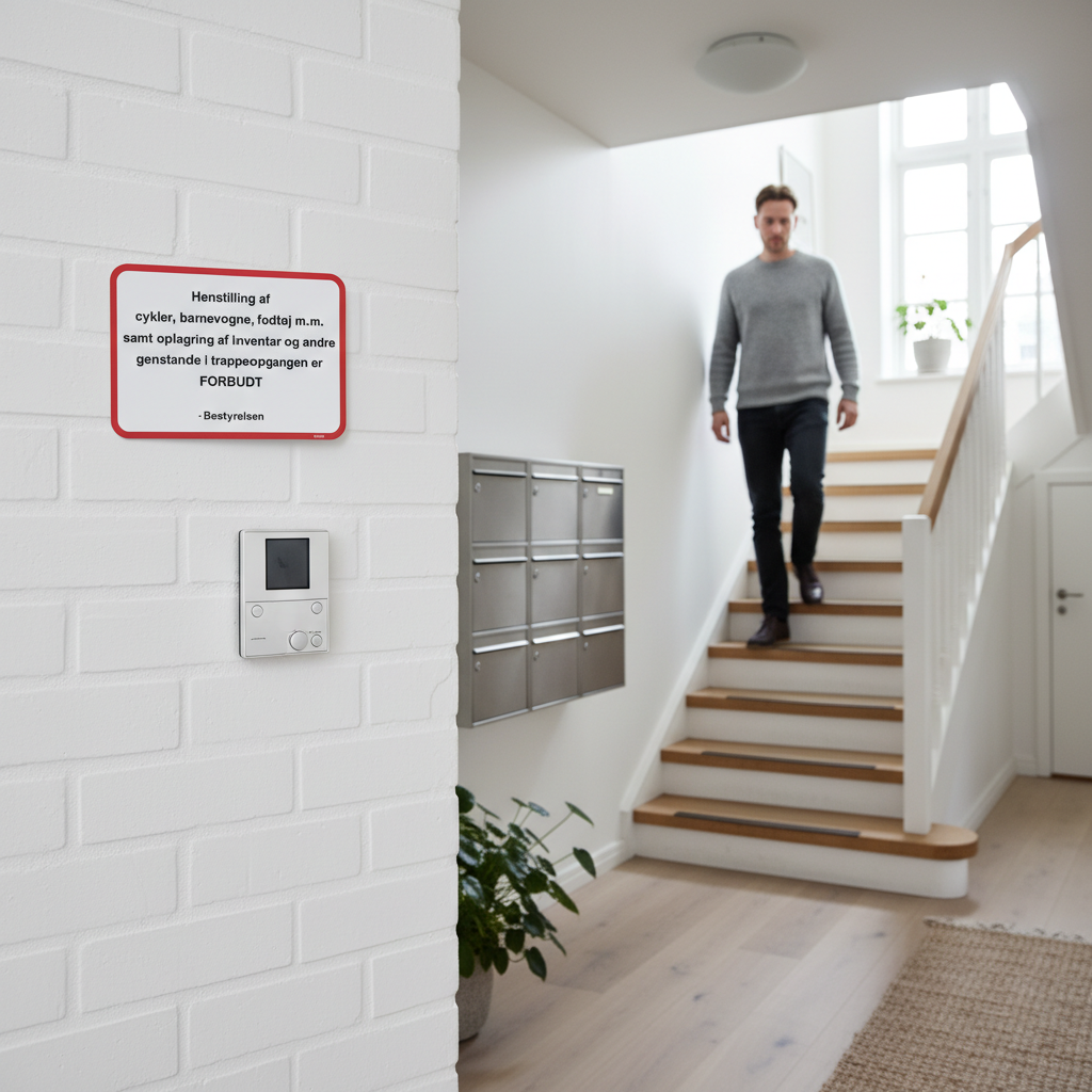 Henstilling af cykler, barnevogne, fodtøj m.m. samt oplagring af inventar og andre genstande i trappeopgangen er FORBUDT. Bestyrelsen skilt - Billede 3