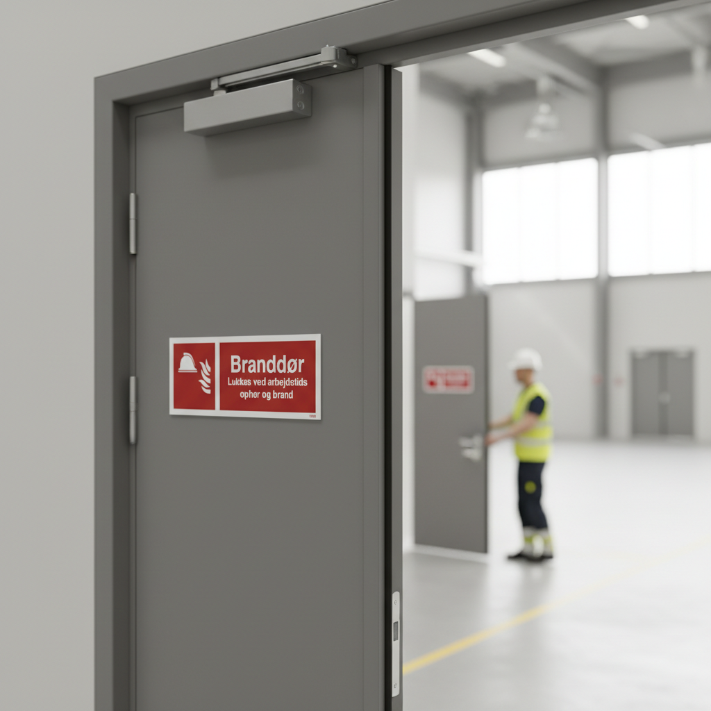 Branddør Lukkes ved arbejdstids ophør og ved brand Brandskilt - Billede 2