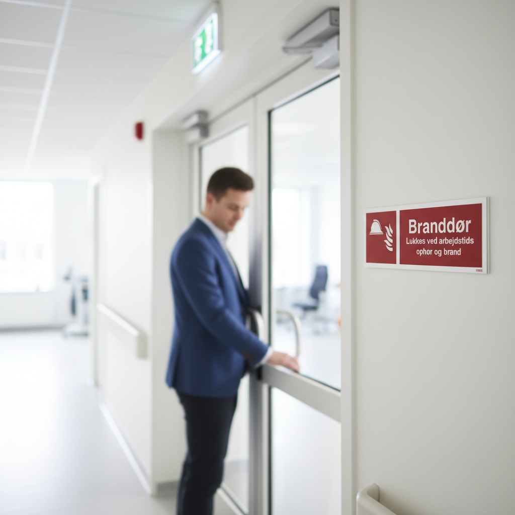 Branddør Lukkes ved arbejdstids ophør og ved brand Brandskilt - Billede 3