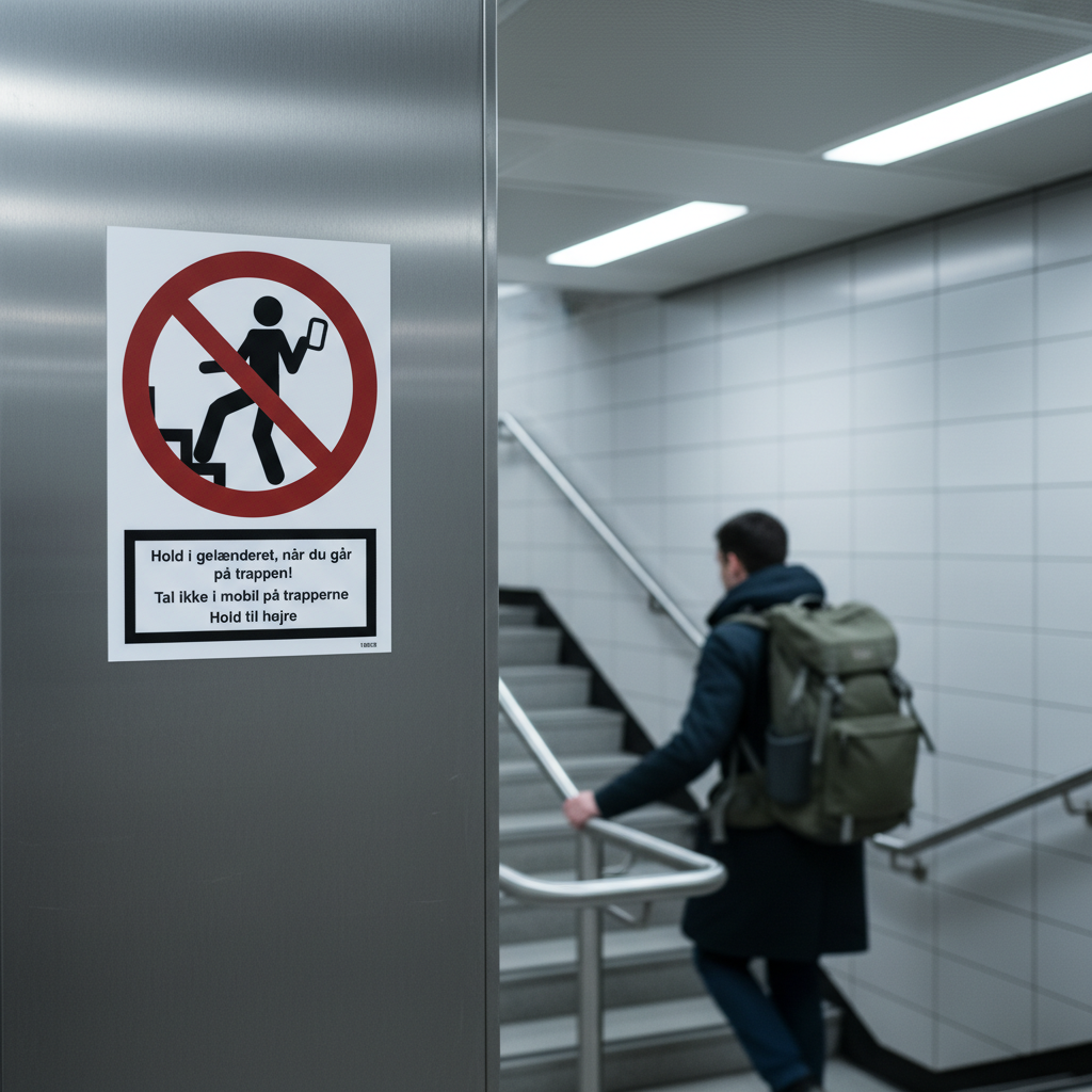 Hold i gelænderet når du går på trappen skilt - Billede 2